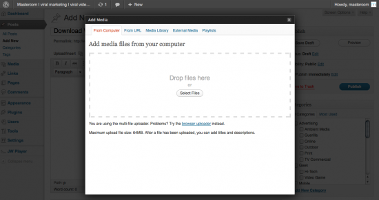 Download WordPress 3.3 to drag and drop media files